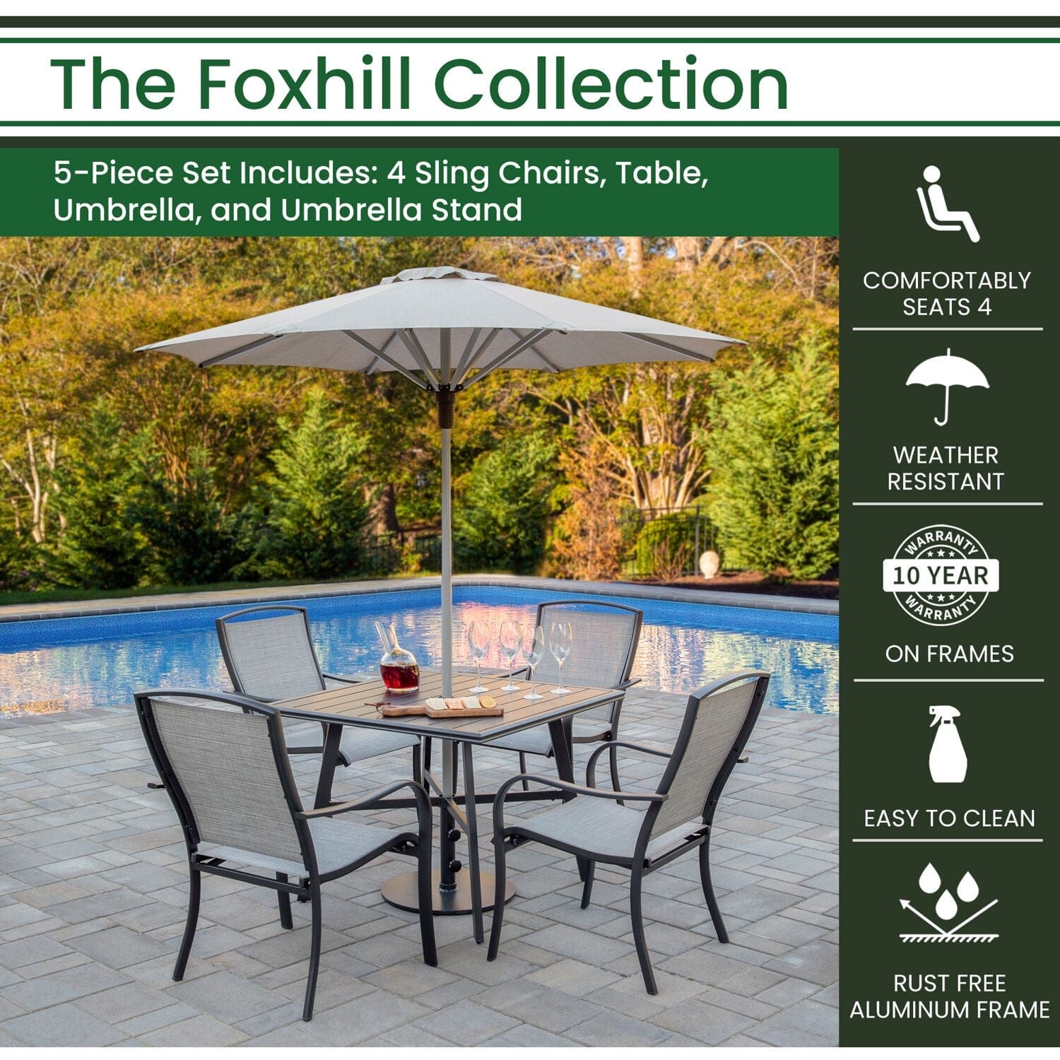 Hanover Outdoor Dining Set Hanover Foxhill 5-Piece Commercial-Grade Patio Dining Set with 4 Sling Dining Chairs, 38-in. Square Slat-Top Table, Umbrella and Base, FOXDN5PCS-G-SU