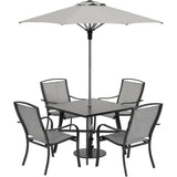 Hanover Outdoor Dining Set Hanover Foxhill 5-Piece Commercial-Grade Patio Dining Set with 4 Sling Dining Chairs, 38-in. Square Slat-Top Table, Umbrella and Base, FOXDN5PCS-G-SU