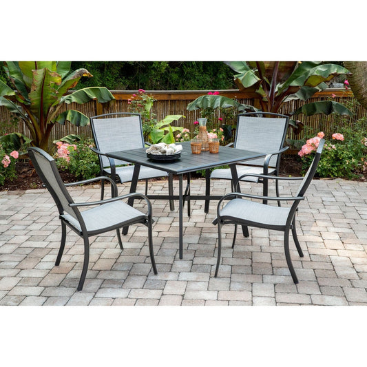 Hanover Outdoor Dining Set Hanover - Foxhill 5pc Dining Set: 4 Sling Dining Chrs and 1 38" Sq Slat Tbl | FOXDN5PCS-GRY