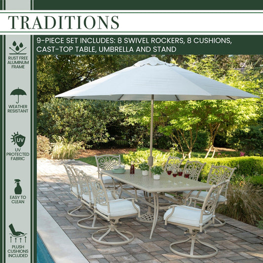 Hanover Outdoor Dining Set Hanover Hanover Traditions 9-Piece Aluminium Frame Dining Set with 8 Swivel Rockers, Large 84-in. x 42-in. Cast-top Table, 11-Ft. Table Umbrella and Stand | TRADDNSD9PCSW8-BE-SU