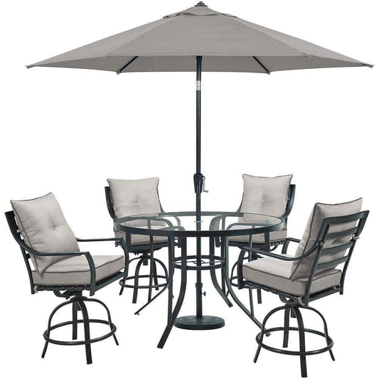 Hanover Outdoor Dining Set Hanover - Lavallette 5-PC. Counter-Height Dining Set in Silver Linings w/ 4 Swivel Chairs, 52-In. Round Glass-Top Table, Umbrella, Base