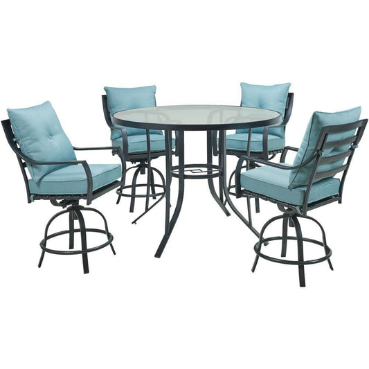 Hanover Outdoor Dining Set Hanover - Lavallette 5-Piece Counter-Height Dining Set in Ocean Blue with 4 Swivel Chairs and a 52-In. Round Glass-Top Table LAVDN5PCBR-BLU