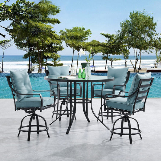 Hanover Outdoor Dining Set Hanover - Lavallette 5-Piece Counter-Height Dining Set in Ocean Blue with 4 Swivel Chairs and a 52-In. Round Glass-Top Table | LAVDN5PCBR-BLU