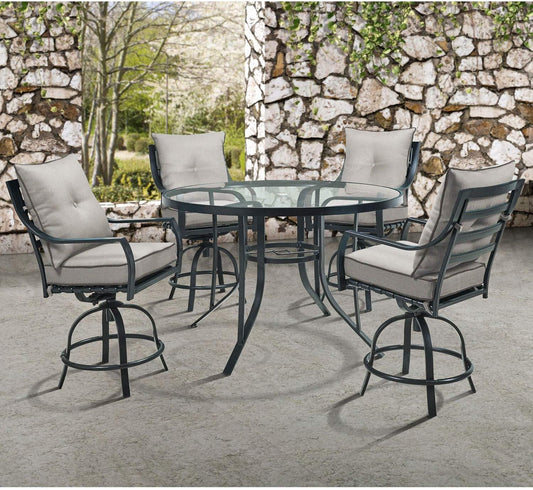 Hanover Outdoor Dining Set Hanover - Lavallette 5-Piece Counter-Height Dining Set in Silver Linings with 4 Swivel Chairs and a 52-In. Round Glass-Top Table LAVDN5PCBR-SLV