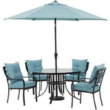 Hanover Outdoor Dining Set Hanover Lavallette 5-Piece Dining Set in Ocean Blue with 4 Stationary Chairs, 52-In. Round Glass-Top Table, Umbrella, and Base - LAVDN5PCRD-BLU-SU