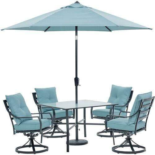 Hanover Outdoor Dining Set Hanover Lavallette 5-Piece Dining Set in Ocean Blue with 4 Swivel Rockers, 42-In. Square Glass-Top Table, Umbrella, and Base
