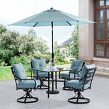 Hanover Outdoor Dining Set Hanover Lavallette 5-Piece Dining Set in Ocean Blue with 4 Swivel Rockers, 42-In. Square Glass-Top Table, Umbrella, and Base - LAVDN5PCSW-BLU-SU