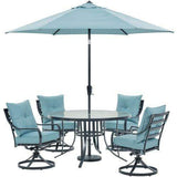 Hanover Outdoor Dining Set Hanover Lavallette 5-Piece Dining Set in Ocean Blue with 4 Swivel Rockers, 52-In. Round Glass-Top Table, Umbrella, and Base, LAVDN5PCSWRD-BLU-SU