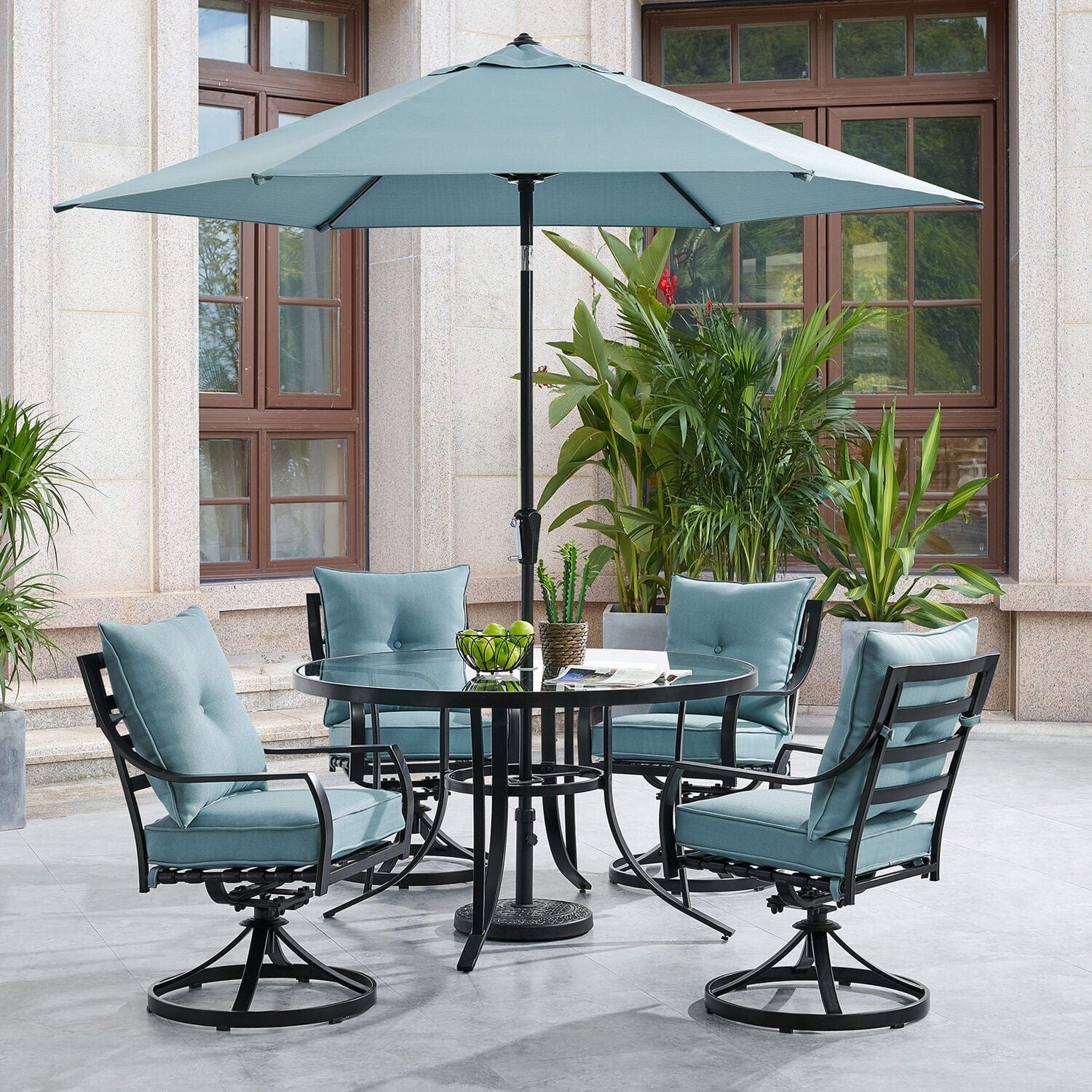 Hanover Outdoor Dining Set Hanover Lavallette 5-Piece Dining Set in Ocean Blue with 4 Swivel Rockers, 52-In. Round Glass-Top Table, Umbrella, and Base | LAVDN5PCSWRD-BLU-SU