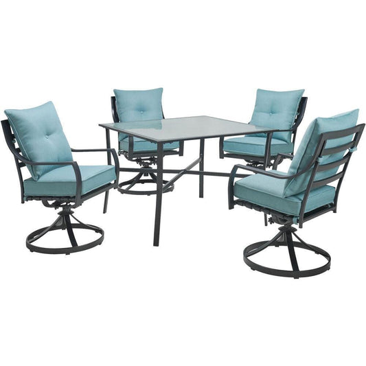 Hanover Outdoor Dining Set Hanover Lavallette 5-Piece Dining Set in Ocean Blue with 4 Swivel Rockers and a 42-In. Square Glass-Top Table