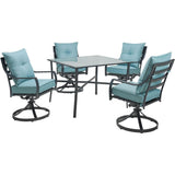 Hanover Outdoor Dining Set Hanover Lavallette 5-Piece Dining Set in Ocean Blue with 4 Swivel Rockers and a 42-In. Square Glass-Top Table