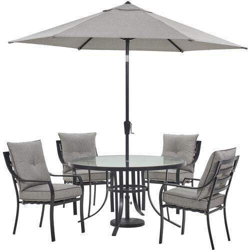 Hanover Outdoor Dining Set Hanover Lavallette 5-Piece Dining Set in Silver Linings with 4 Stationary Chairs, 52-In. Round Glass-Top Table, Umbrella, and Base - LAVDN5PCRD-SLV-SU