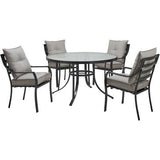 Hanover Outdoor Dining Set Hanover Lavallette 5-Piece Dining Set in Silver Linings with 4 Stationary Chairs and a 52-In. Round Glass-Top Table - LAVDN5PCRD-SLV