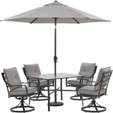 Hanover Outdoor Dining Set Hanover Lavallette 5-Piece Dining Set in Silver Linings with 4 Swivel Rockers, 42-In. Square Glass-Top Table, Umbrella, and Base