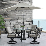 Hanover Outdoor Dining Set Hanover Lavallette 5-Piece Dining Set in Silver Linings with 4 Swivel Rockers, 42-In. Square Glass-Top Table, Umbrella, and Base - LAVDN7PCSW-BLU-SU