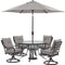 Hanover Outdoor Dining Set Hanover Lavallette 5-Piece Dining Set in Silver Linings with 4 Swivel Rockers, 52-In. Round Glass-Top Table, Umbrella, and Base