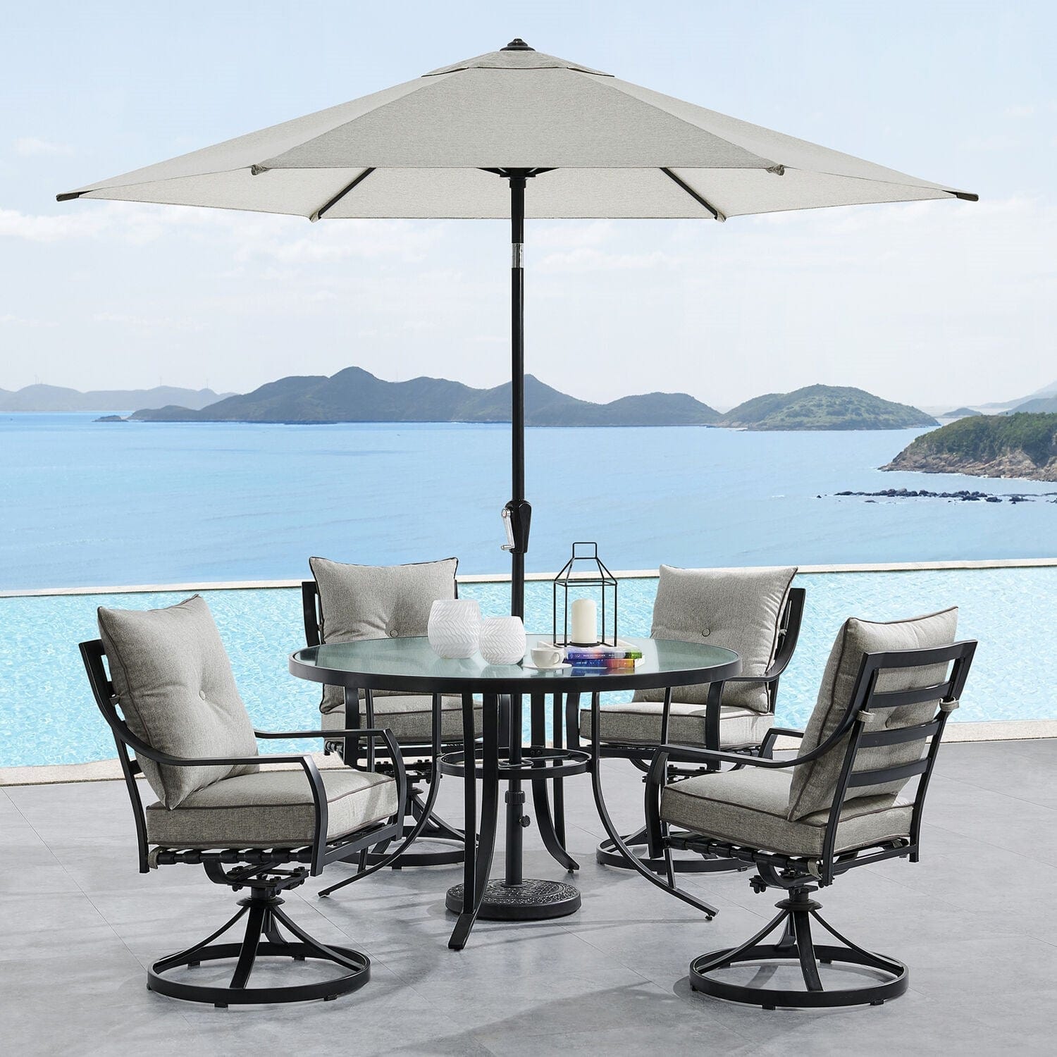 Hanover Outdoor Dining Set Hanover Lavallette 5-Piece Dining Set in Silver Linings with 4 Swivel Rockers, 52-In. Round Glass-Top Table, Umbrella, and Base | LAVDN5PCSWRD-SLV-SU