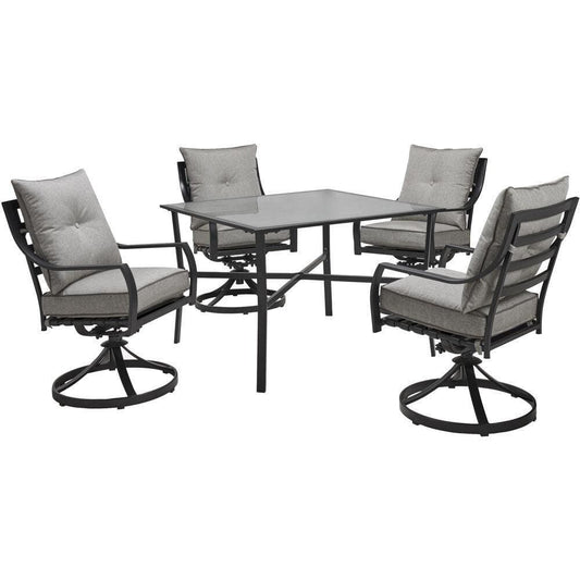 Hanover Outdoor Dining Set Hanover Lavallette 5-Piece Dining Set in Silver Linings with 4 Swivel Rockers and a 42-In. Square Glass-Top Table