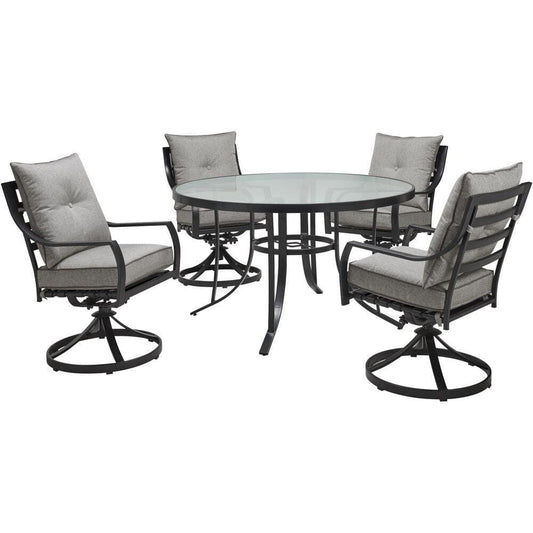 Hanover Outdoor Dining Set Hanover Lavallette 5-Piece Dining Set in Silver Linings with 4 Swivel Rockers and a 52-In. Round Glass-Top Table