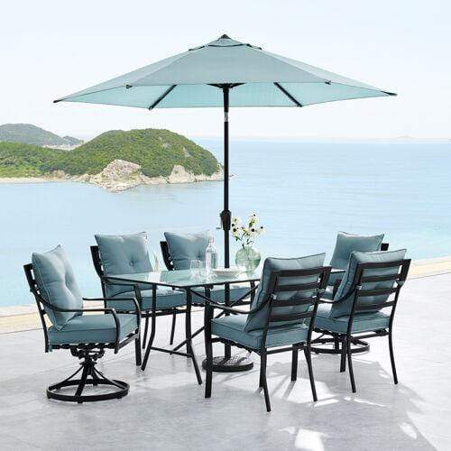 Hanover Outdoor Dining Set Hanover Lavallette 7-PC. Dining Set in Ocean Blue w/ 4 Chairs, 2 Swivel Rockers, 66" x 38" Glass-Top Table, Umbrella, and Base - LAVDN7PCSW2-BLU-SU