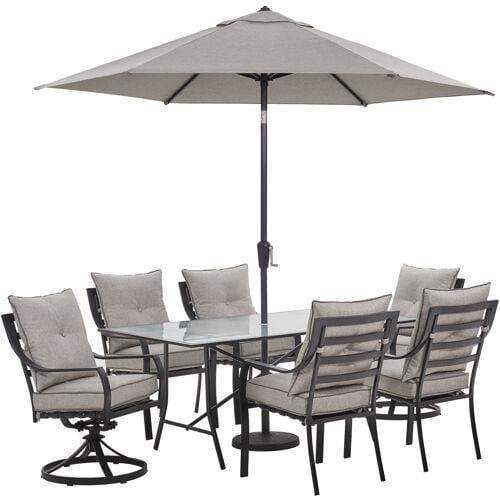 Hanover Outdoor Dining Set Hanover Lavallette 7-PC. Dining Set in Silver Linings w/ 4 Chairs, 2 Swivel Rockers, 66" x 38" Glass-Top Table, Umbrella, and Base - LAVDN7PCSW2-SLV-SU