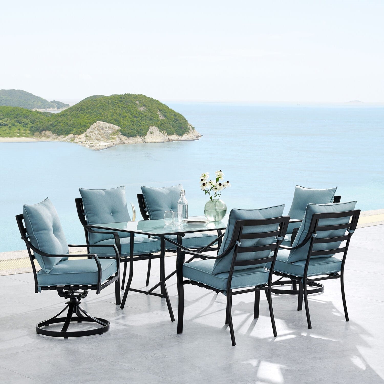 Hanover Outdoor Dining Set Hanover Lavallette 7-Piece Dining Set in Ocean Blue with 4 Chairs, 2 Swivel Rockers, and a 66" x 38" Glass-Top Table - LAVDN7PCSW2-BLU