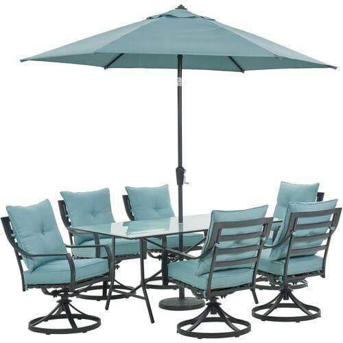 Hanover Outdoor Dining Set Hanover Lavallette 7-Piece Dining Set in Ocean Blue with 6 Swivel Rockers, 66" x 38" Glass-Top Table, Umbrella, and Base - LAVDN7PCSW-BLU-SU