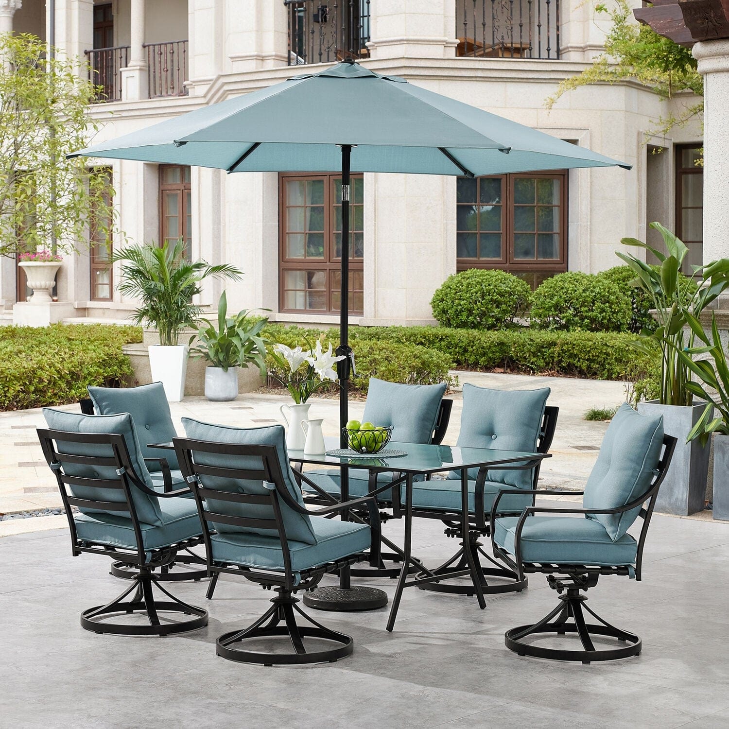 Hanover Outdoor Dining Set Hanover Lavallette 7-Piece Dining Set in Ocean Blue with 6 Swivel Rockers, 66" x 38" Glass-Top Table, Umbrella, and Base - LAVDN7PCSW-BLU-SU
