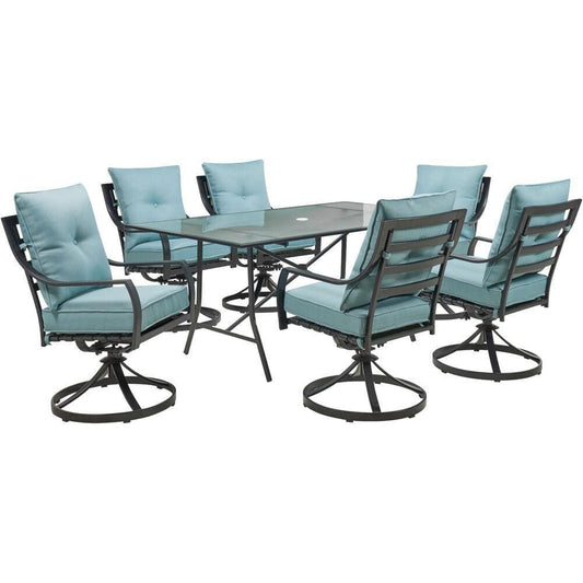 Hanover Outdoor Dining Set Hanover Lavallette 7-Piece Dining Set in Ocean Blue with 6 Swivel Rockers and a 66" x 38" Glass-Top Table