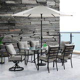Hanover Outdoor Dining Set Hanover Lavallette 7 Piece Dining Set in Silver Linings w/ 4 Chairs, 2 Swivel Rockers, 66" x 38" Glass-Top Table, Umbrella, and Base - LAVDN7PCSW2-SLV-SU