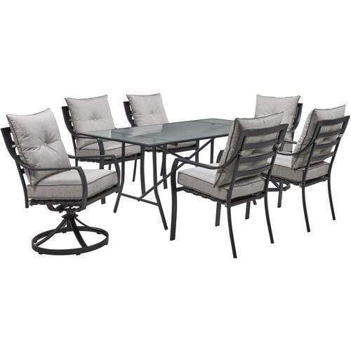 Hanover Outdoor Dining Set Hanover Lavallette 7-Piece Dining Set in Silver Linings with 4 Chairs, 2 Swivel Rockers, and a 66" x 38" Glass-Top Table - LAVDN7PCSW2-SLV