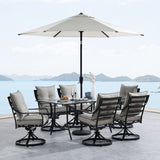 Hanover Outdoor Dining Set Hanover Lavallette 7-Piece Dining Set in Silver Linings with 6 Swivel Rockers, 66" x 38" Glass-Top Table, Umbrella, and Base - LAVDN7PCSW-SLV-SU
