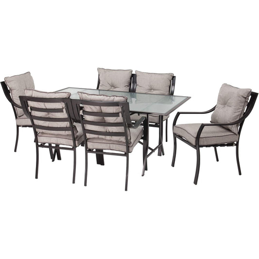 Hanover Outdoor Dining Set Hanover Lavallette 7-Piece Outdoor Dining Set with Table Umbrella and Base - Glass Table, 6 Cushion Chairs, Umbrella/Base - Gray - LAVDN7PC-SU