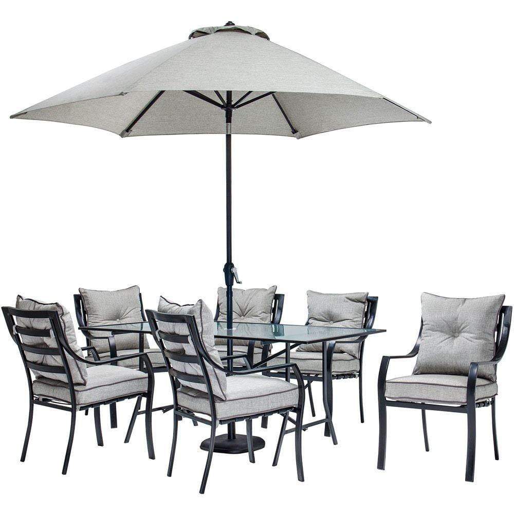 Hanover Outdoor Dining Set Hanover - Lavallette 7pc Dining Set ( LAVDN7PC-SU ): Rectangular Dining Glass Table, 6 Cushion Chairs, Umbrella/Base