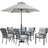 Hanover Outdoor Dining Set Hanover - Lavallette 7pc Dining Set ( LAVDN7PC-SU ): Rectangular Dining Glass Table, 6 Cushion Chairs, Umbrella/Base