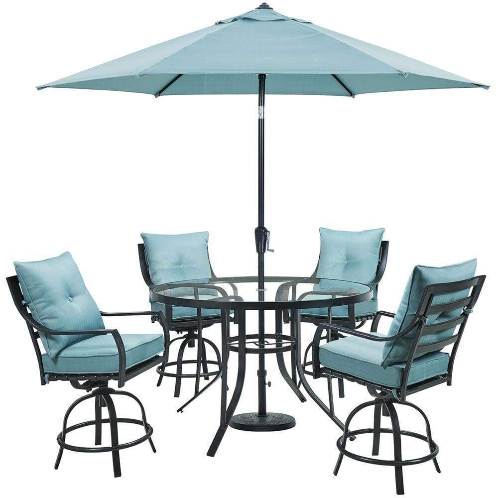 Hanover Outdoor Dining Set Hanover - Lavallette5pc ( LAVDN5PCBR-BLU-SU ): 4 Swivel Bar Chairs, Bar Glass Table, Umbrella & Base
