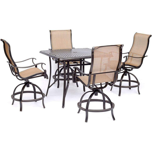 Hanover Outdoor Dining Set Hanover - Manor 5-Piece High-Dining Set with 4 Contoured Swivel Chairs and a 42" x 42" Cast-top Table MANDN5PCSQBR