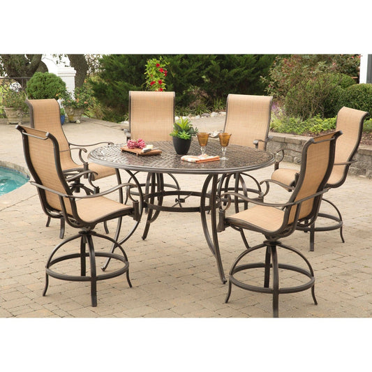 Hanover Outdoor Dining Set Hanover - Manor 7-Piece High-Dining Set with 6 Contoured Swivel Chairs and a 56 In. Cast-top Table | MANDN7PC-BR