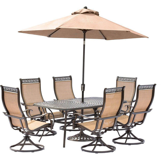 Hanover Outdoor Dining Set Hanover - Manor 7-Piece Outdoor Dining Set with Six Swivel Rockers, a Cast-top Dining Table, a 9 Ft. Umbrella and Umbrella Stand MANDN7PCSW-6-SU