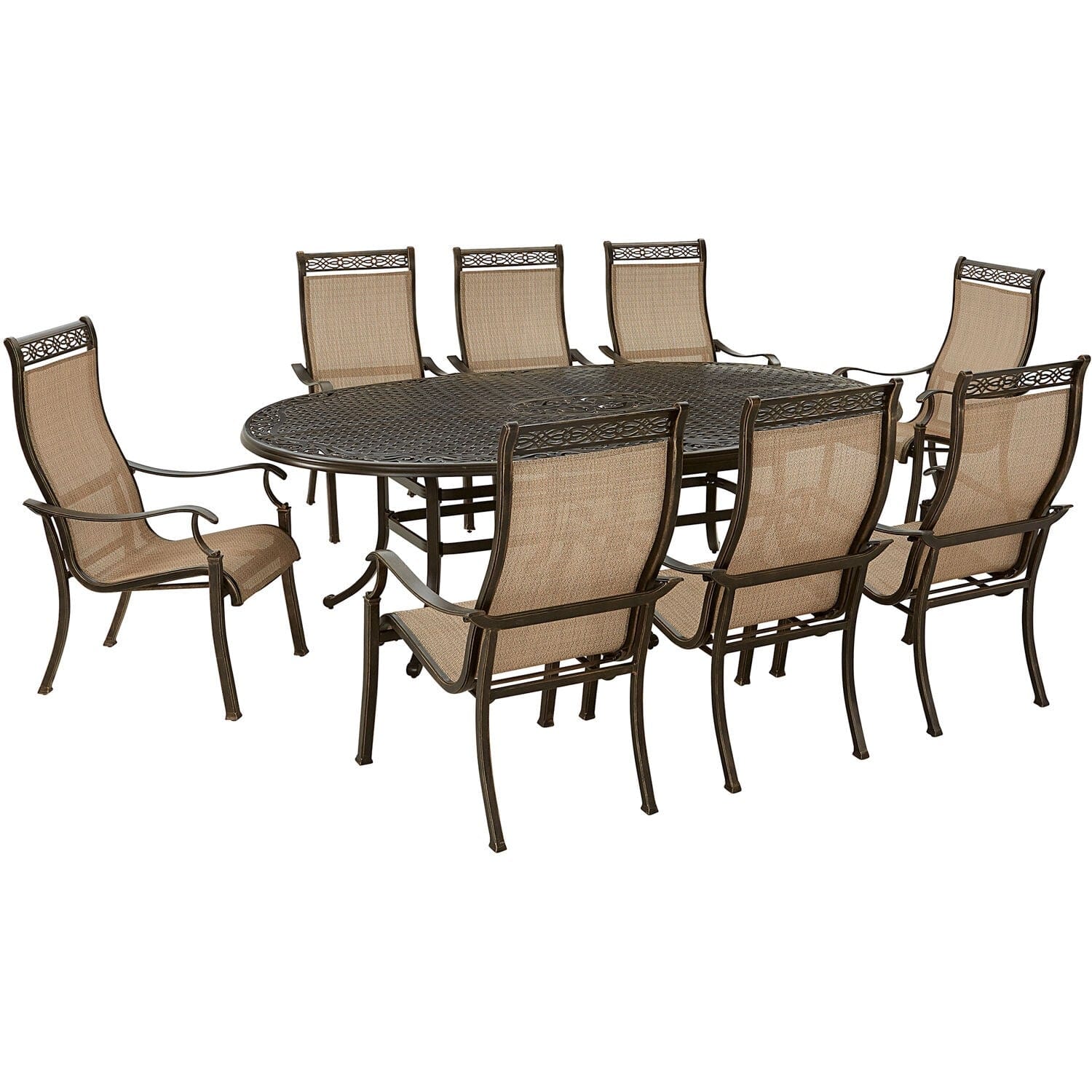 Hanover Outdoor Dining Set Hanover - Manor 9 Piece -  10 Sling Swivel Rockers, 96"x60" Oval Cast Table | MANDN9PCOVSW8