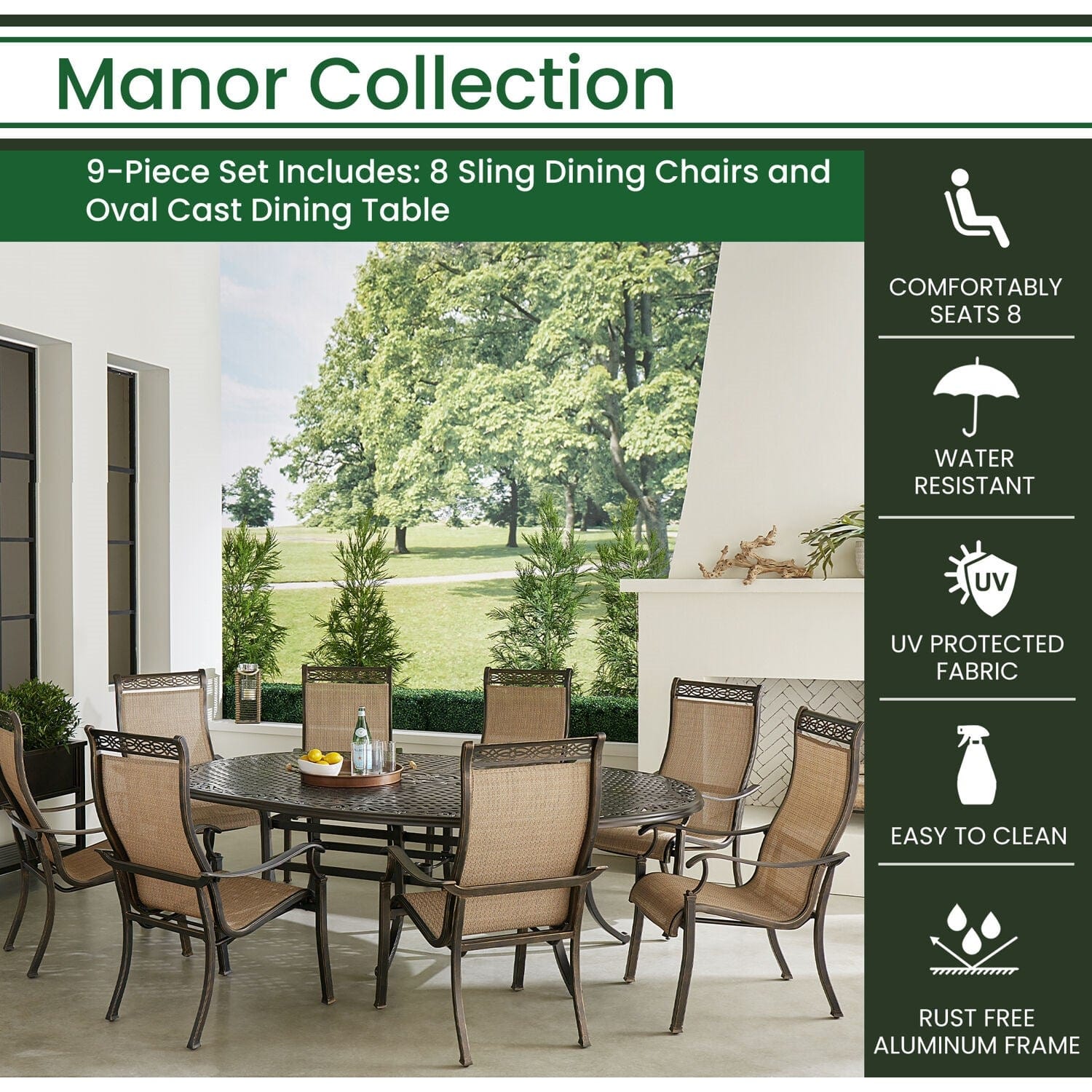Hanover Outdoor Dining Set Hanover - Manor 9 Piece -  8 Sling Dining Chairs, 96"x60" Oval Cast Table | MANDN9PCOV