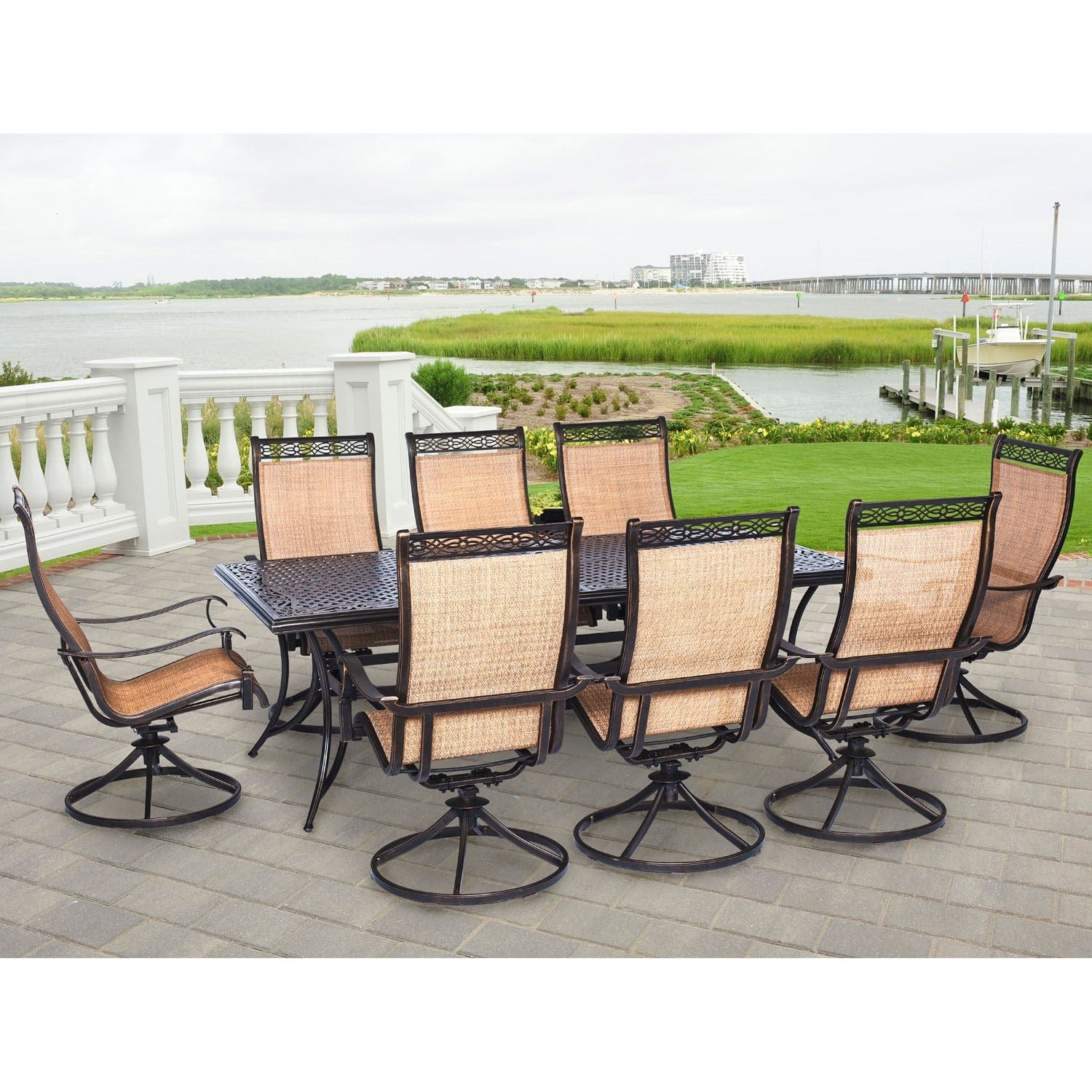 Hanover Outdoor Dining Set Hanover - Manor 9 Piece : 8 Sling Swivel Rockers, 42x84" Cast Table | MANDN9PCSW-8