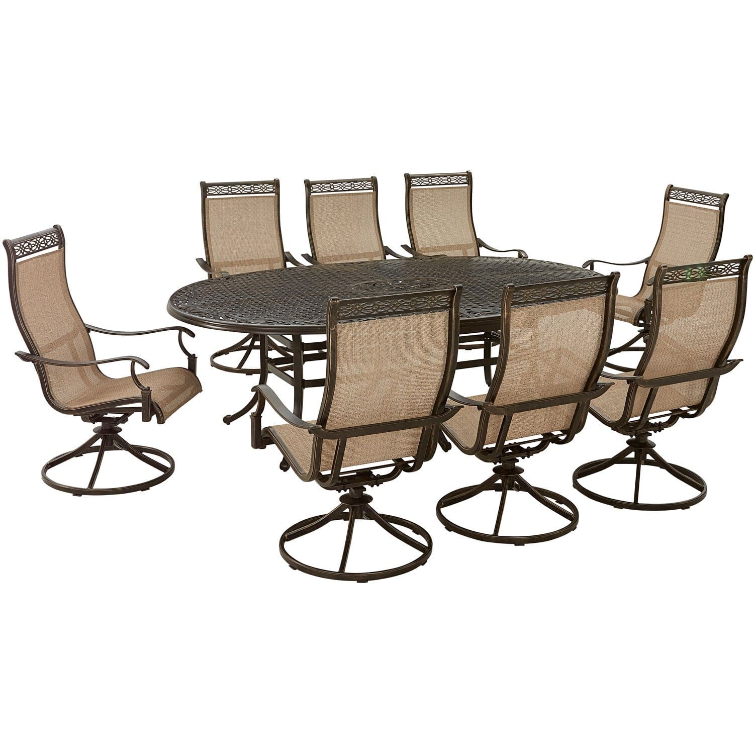 Hanover Outdoor Dining Set Hanover - Manor 9 Piece - 8 Sling Swivel Rockers, 96"x60" Oval Cast Table | MANDN9PCOVSW8