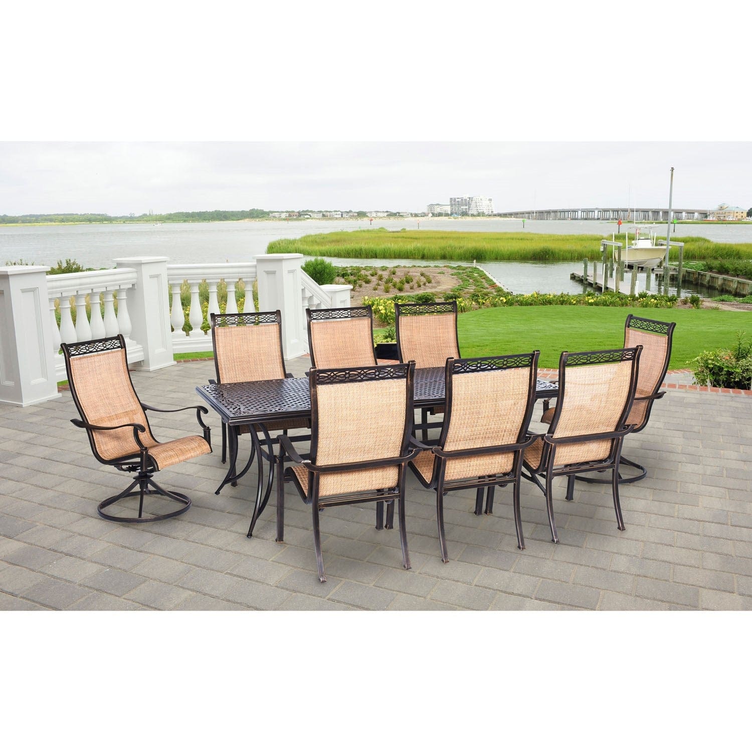 Hanover Outdoor Dining Set Hanover Manor 9-Piece Outdoor Dining Set | 6 Sling Dining Chairs, 2 Sling Swivel Rockers, 42x84" Cast Table | MANDN9PCSW-2
