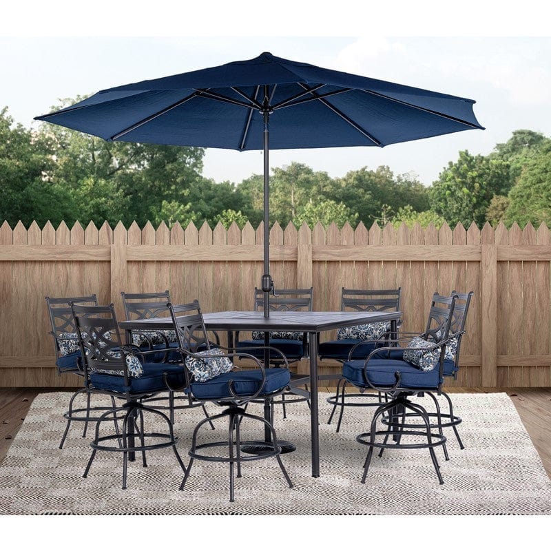 Hanover Outdoor Dining Set Hanover MCLRDN9PCBRSW8-SU-N Montclair 9-Piece High-Dining Set with 8 Counter-Height Swivel Rockers, Square Table and 11-Feet Umbrella
