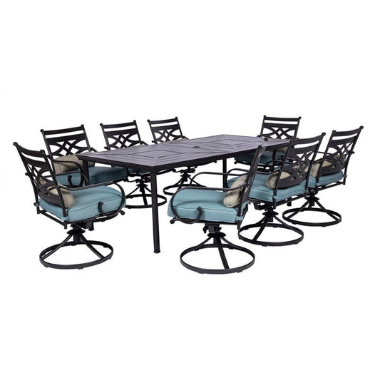 Hanover Outdoor Dining Set Hanover MCLRDN9PCSW8-BLU Montclair 9-Piece Dining Set with 8 Swivel Rockers and Table