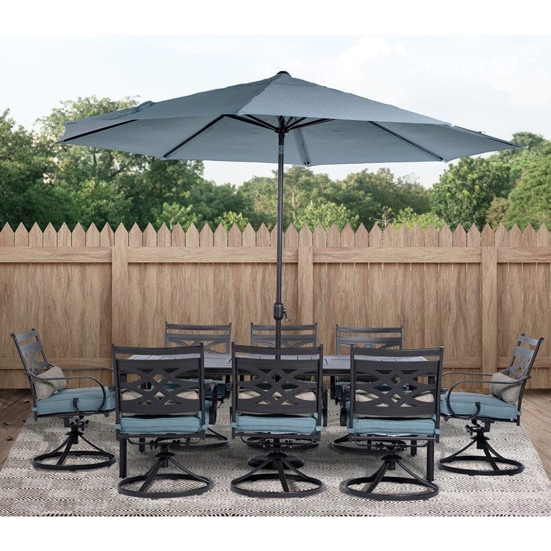 Hanover Outdoor Dining Set Hanover MCLRDN9PCSW8-SU-B Montclair 9-Piece Dining Set with 8 Swivel Rockers, 11-Feet Umbrella and Umbrella Stand - Ocean Blue and Brown