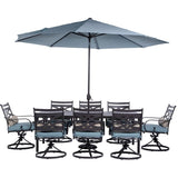Hanover Outdoor Dining Set Hanover MCLRDN9PCSW8-SU-B Montclair 9-Piece Dining Set with 8 Swivel Rockers, 11-Feet Umbrella and Umbrella Stand - Ocean Blue and Brown