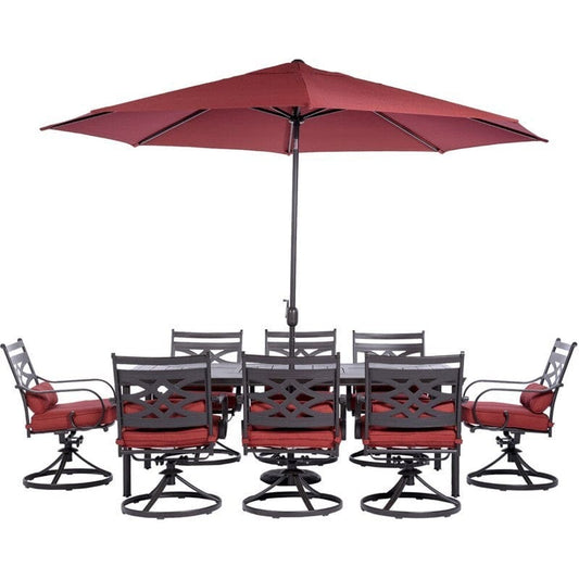 Hanover Outdoor Dining Set Hanover MCLRDN9PCSW8-SU-C Montclair 9-Piece Dining Set with 8 Swivel Rockers, 11-Feet Umbrella and Umbrella Stand - Chili Red and Brown