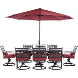 Hanover Outdoor Dining Set Hanover MCLRDN9PCSW8-SU-C Montclair 9-Piece Dining Set with 8 Swivel Rockers, 11-Feet Umbrella and Umbrella Stand - Chili Red and Brown